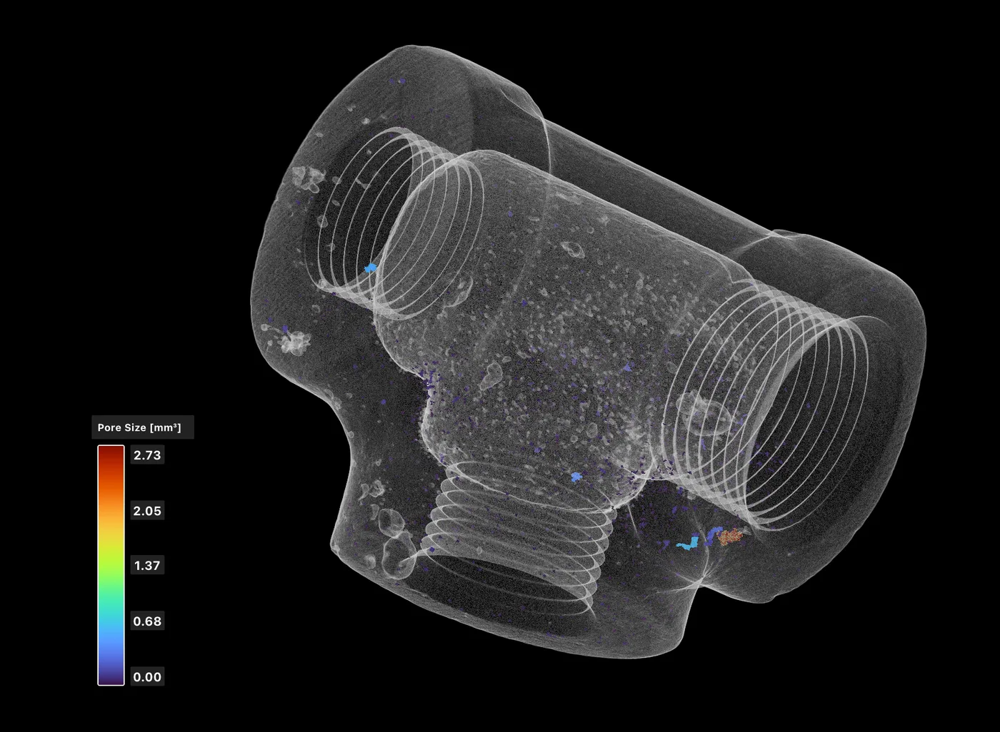 기공검사 3D CT 기공 크기 컬러맵 — 금속 배관 피팅 내부 기공 분포